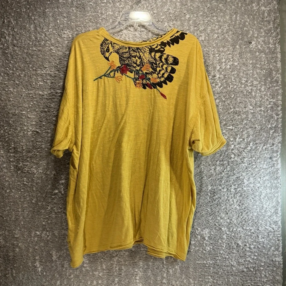 Free People Soak Up The Sun Yellow Eagle Embroidered Tee XS Boho Oversized
